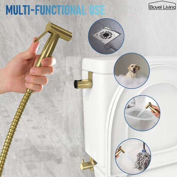 Single-Handle Bidet Faucet with Sprayer Holder, Solid Brass T-Valve Adapter and Flexible Bidet Hose in Brushed Gold